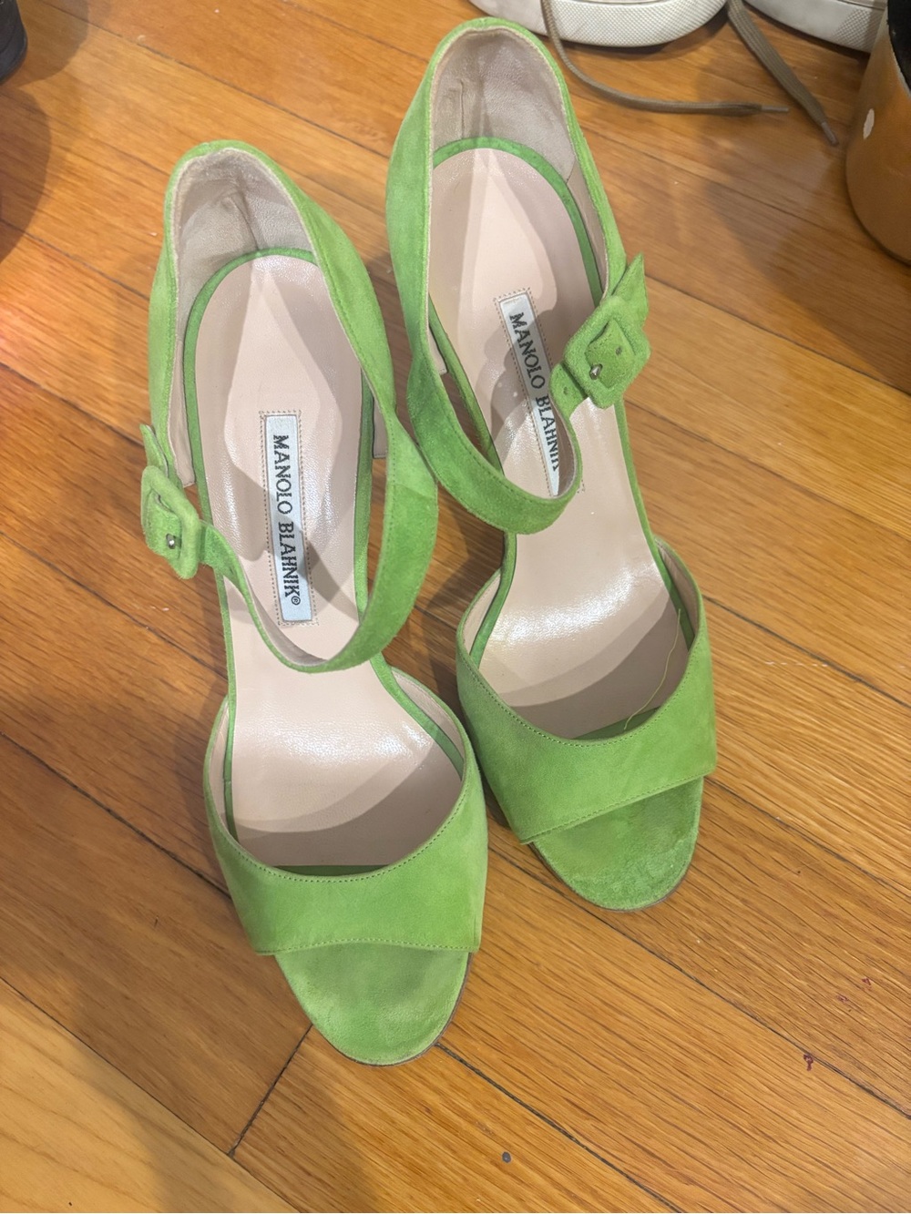 Manolo Blahnik Lime Green Suede Open-Toe Ankle-Strap Heels